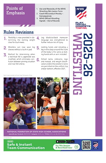 2025-26 Wrestling rules poster with points of emphasis, rules revisions, and NFHS logos. Includes images of wrestlers and a QR code for more info.